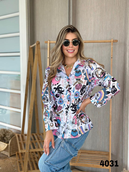 CAMISERA ESTAMPADA  PALMERAS Y CONCHAS MaluWoman